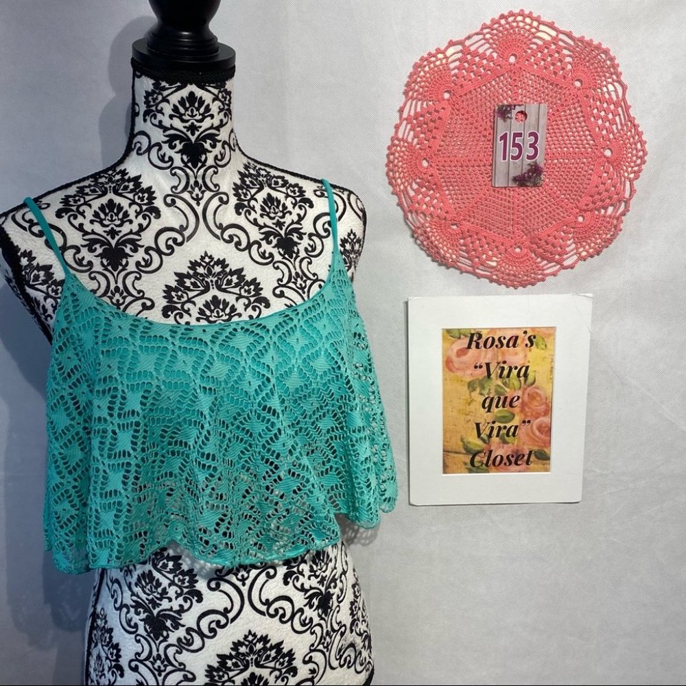 La Hearts Lace Crop Top Teal/Green - Picture 2 of 6